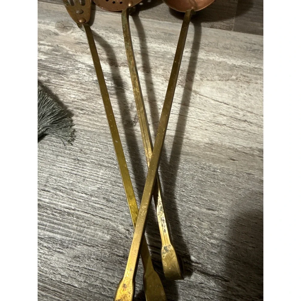 Vintage Copper and Brass Kitchen Utensil Set Ladle Skimmer Fork 3 Piece Rustic